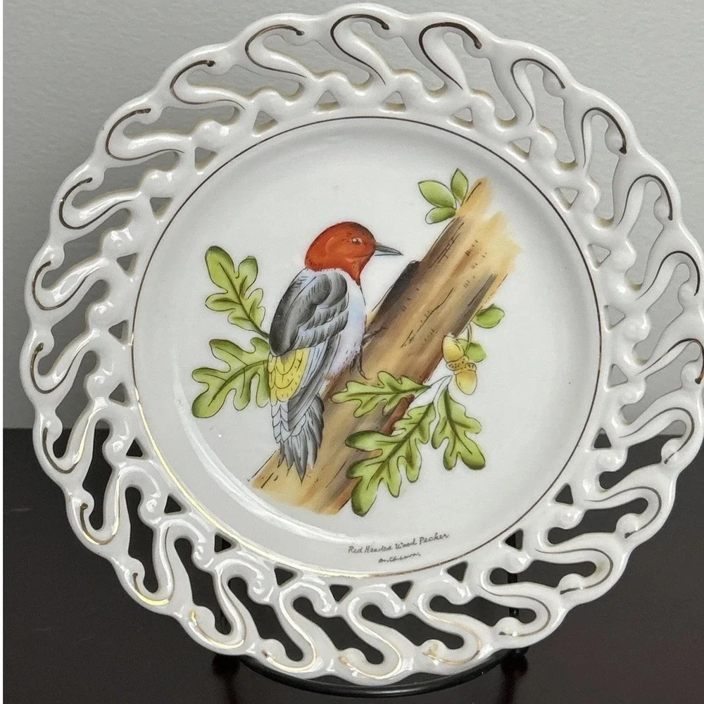 Red Headed Woodpecker Collector Plate Porcelain Gold Trim Signed Wall Napco VTG